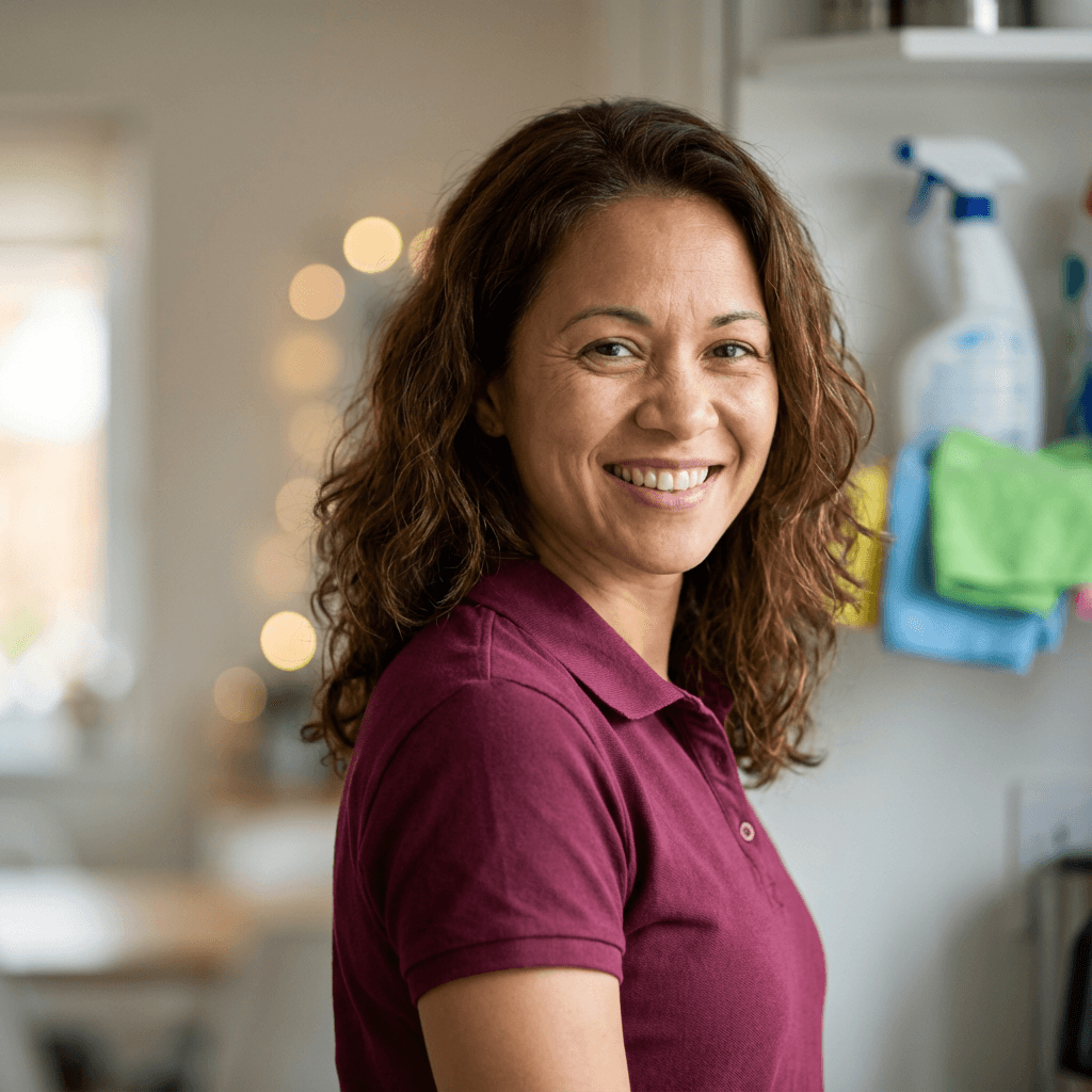 Margaret Okafor, caregiver, smiling gently in a cozy kitchen