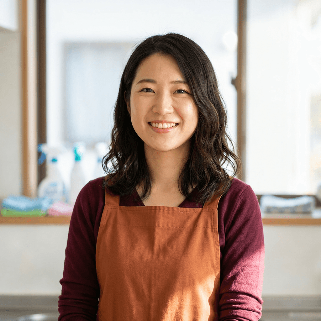 Yuki Tanaka, caregiver, standing in a tidy bedroom with a gentle expression