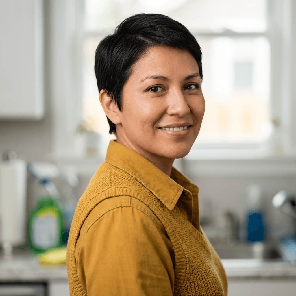 Maria Santos, niece of a senior care client, in her late 30s, in a bright kitchen