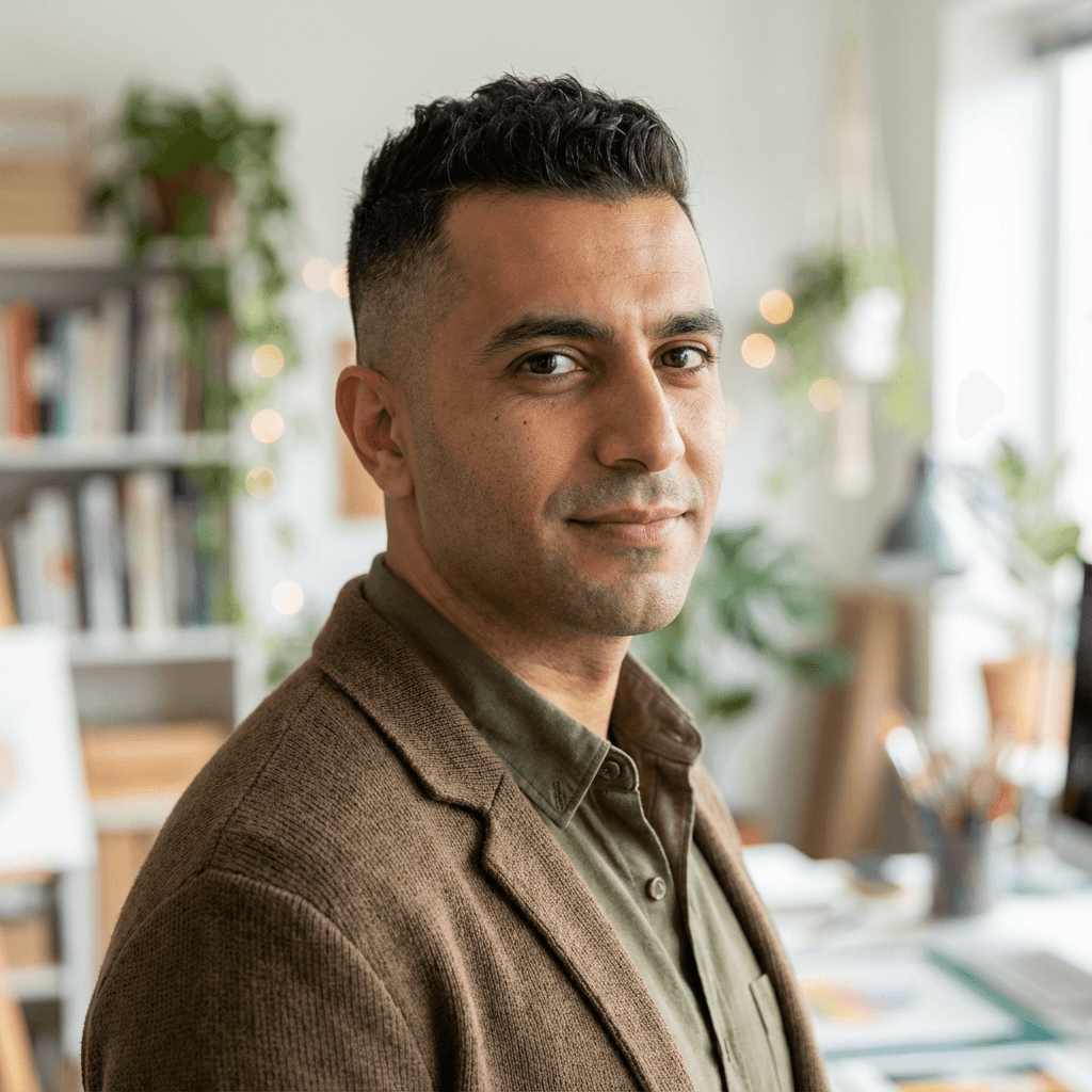 Male in his 40s, South Asian, approachable and trustworthy look, in a modern living space