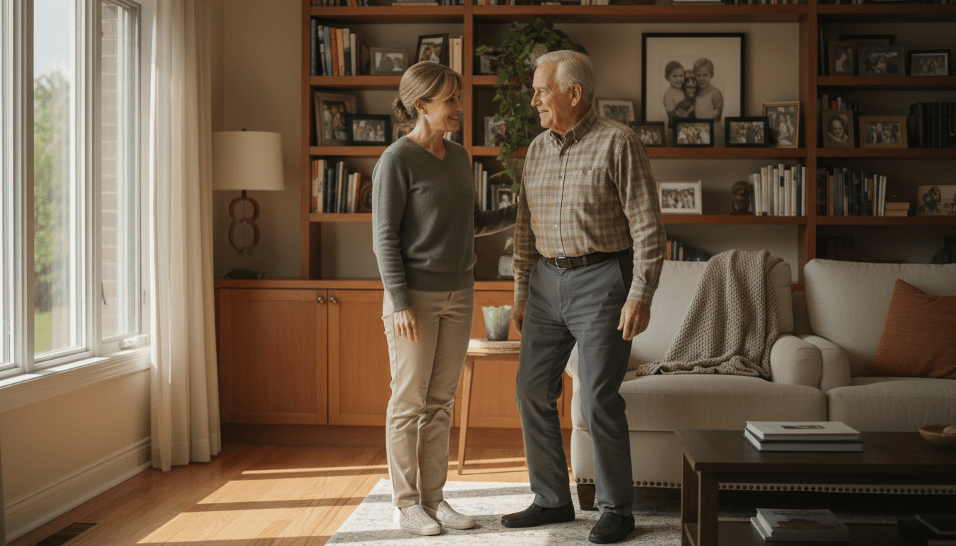 Caregiver gently assisting a senior man from an armchair in a cozy Toronto living room