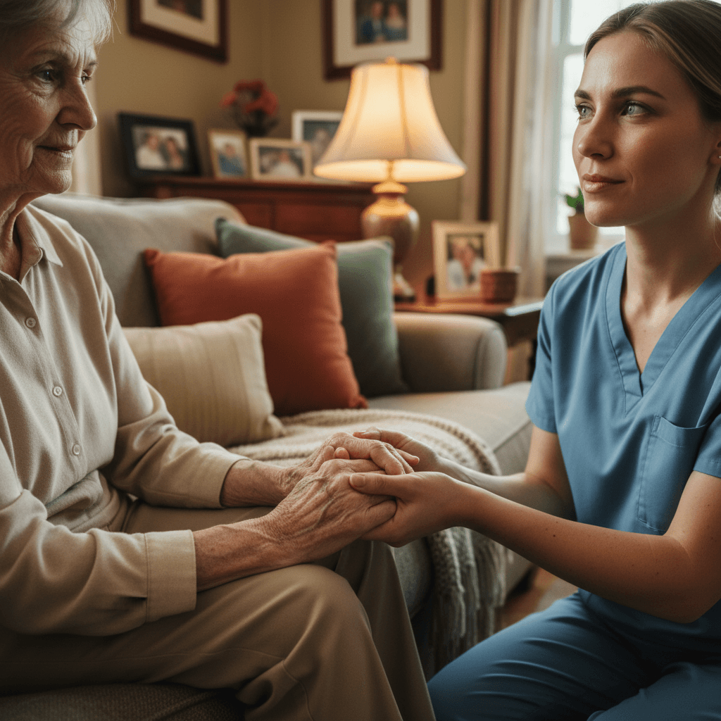 Caregiver holding hands with a smiling senior in a bright living room