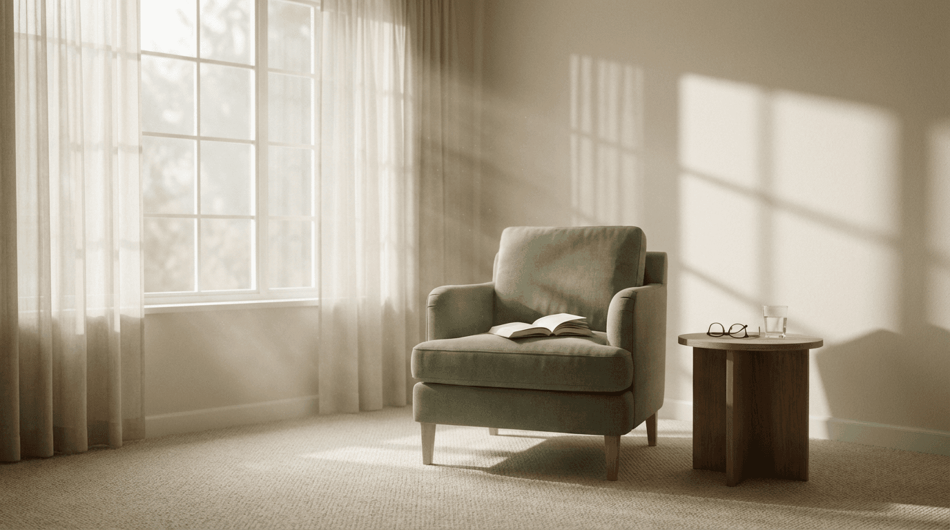 Caregiver and senior woman looking at a photo album together in a bright living room